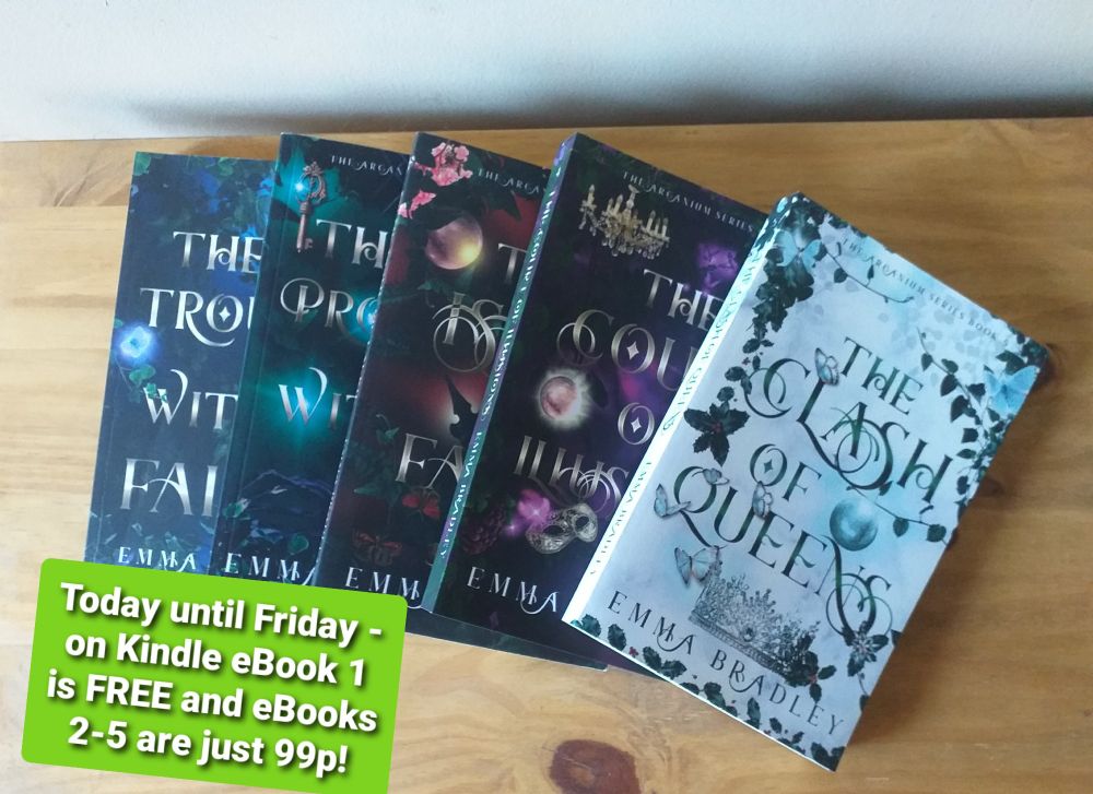 Five Arcanium books on a table with a tag saying eBook 1 is free and the other 4 are just 99p until Friday
