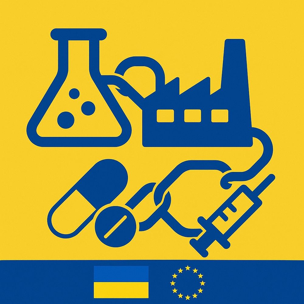 Symbolic image in yellw and blue colors with Ukrainian and European flags and symbols for pharmaceutical products, industry, and a supply chain. 