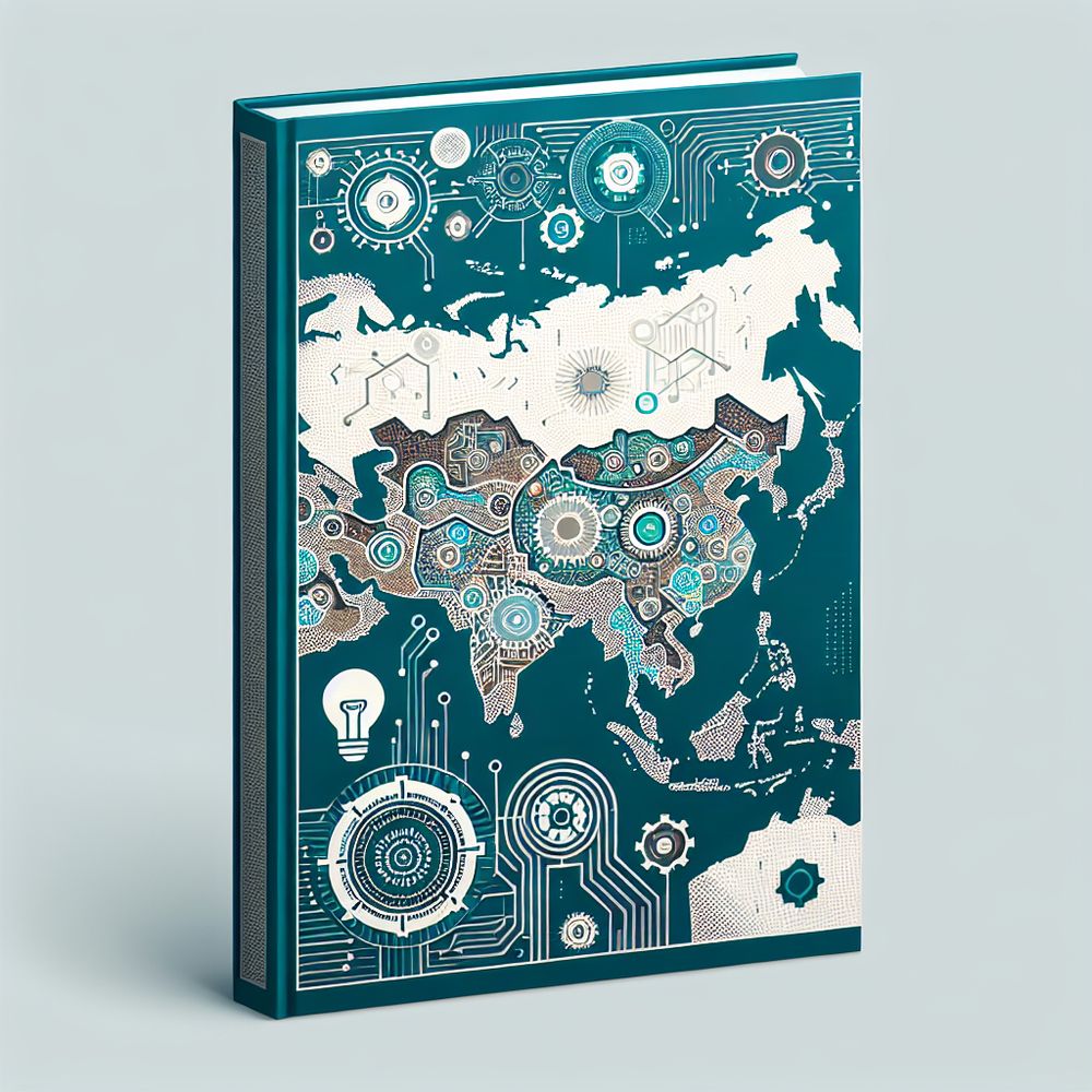 Book cover with a map of Central Asia decorated with symbols of innovation