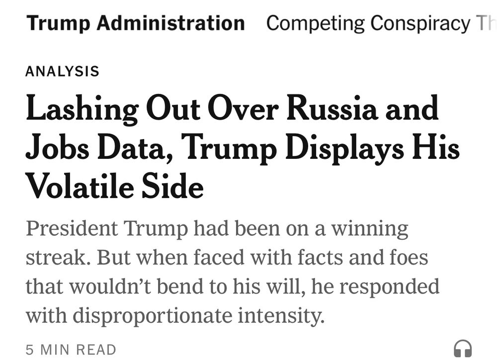 Lashing Out Over Russia and Jobs Data, Trump Displays His Volatile Side
President Trump had been on a winning streak. But when faced with facts and foes that wouldn't bend to his will, he responded with disproportionate intensity.
