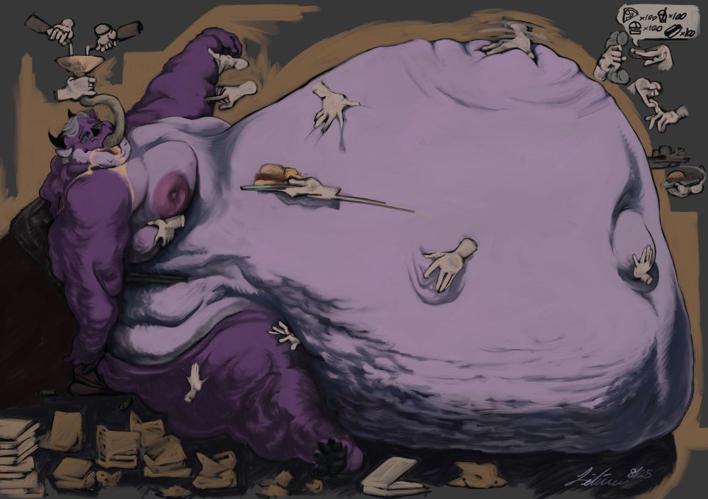 Lesco hypno’d and crashed out on a broken and barely visible couch and the scattered trash of fast food. Various magic hands have been left to feed him and tend to his growing body. So much food has been fed to him that his belly has ballooned, outpacing the metabolism still processing everything into fat.
