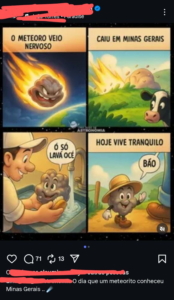 Uma versão em IA reproduzindo detalhadamente uma tira minha. No primeiro quadro um meteoro com cara de mau se aproxima da terra. Texto: o meteoro veio nervoso