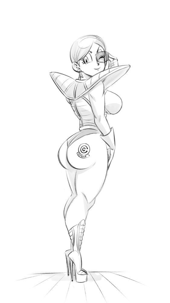 A sketch of Bulma (Dragon Ball Super Hero) wearing sexy Saiyan Armor and high heel boots.
