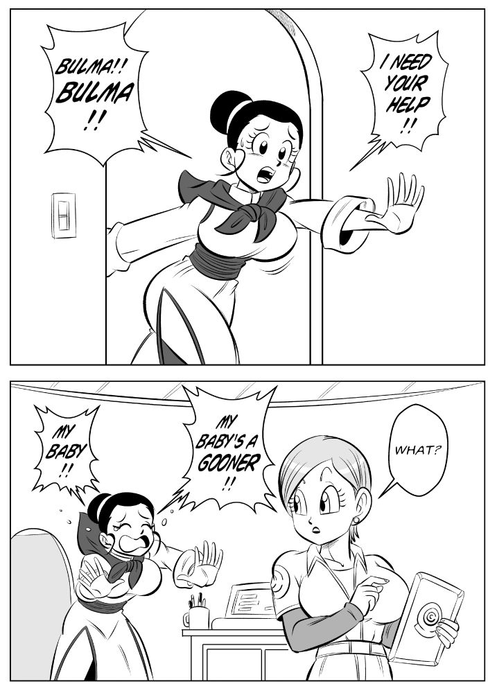 A comic page of Chichi rushing into Bulma's lab in a panic. She's worried that "her baby" has become a "gooner". (Dragon Ball Super Hero).