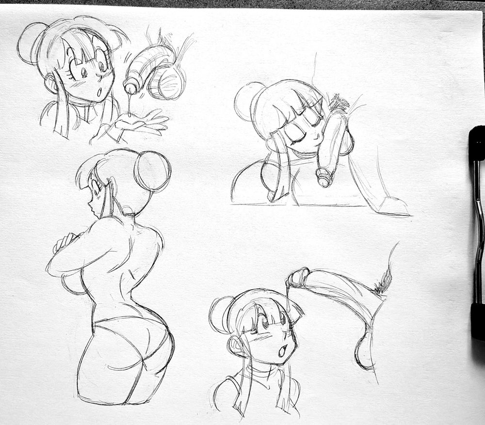 Various transitional pencil sketches of Chichi (and cock).