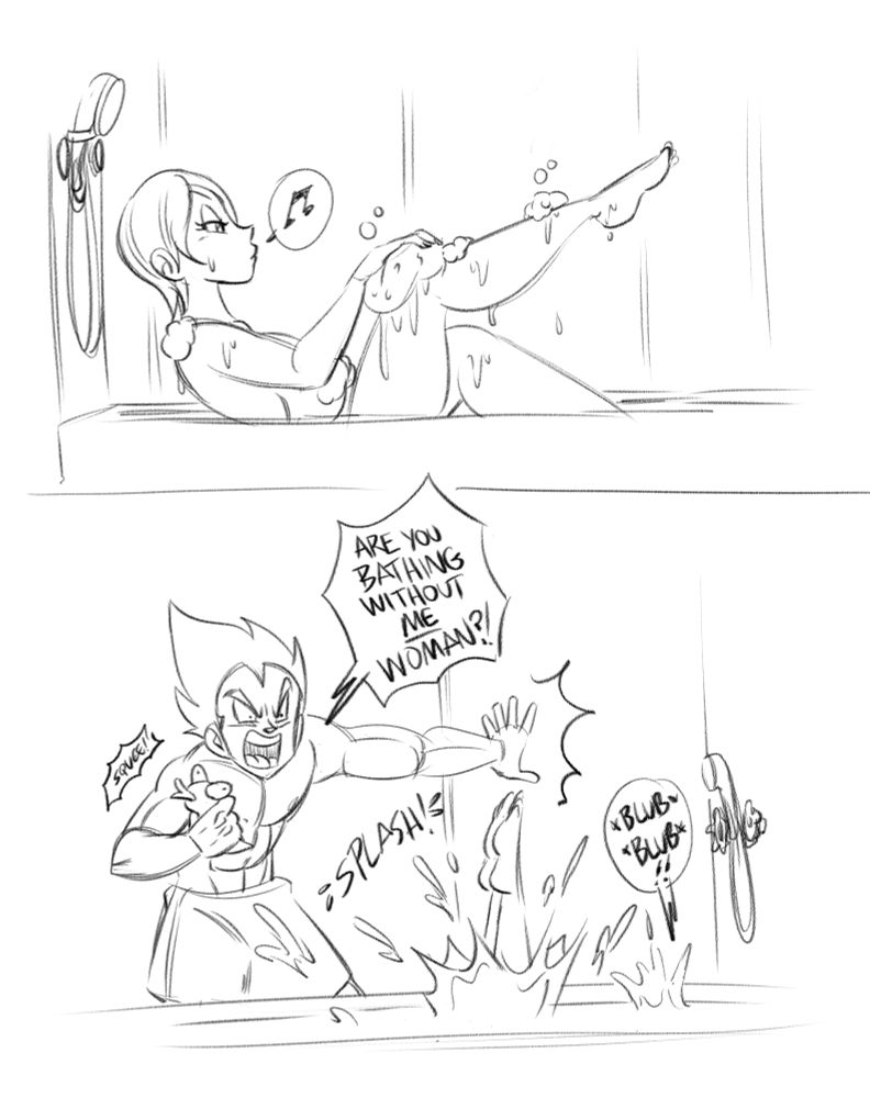 A two panel sketch comic strip. Panel 1: Bulma is bathing. Panel 2: Vegeta bursts in, squeezing a rubber ducky yelling, "ARE YOU BATHING WITHOUT ME WOMAN?!" Surprising Bulma.