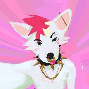 Digital painting of a white pitbull terrier fursona with red hair fluff and wearing a gold septum ring and spiked collar. Against a pink background.