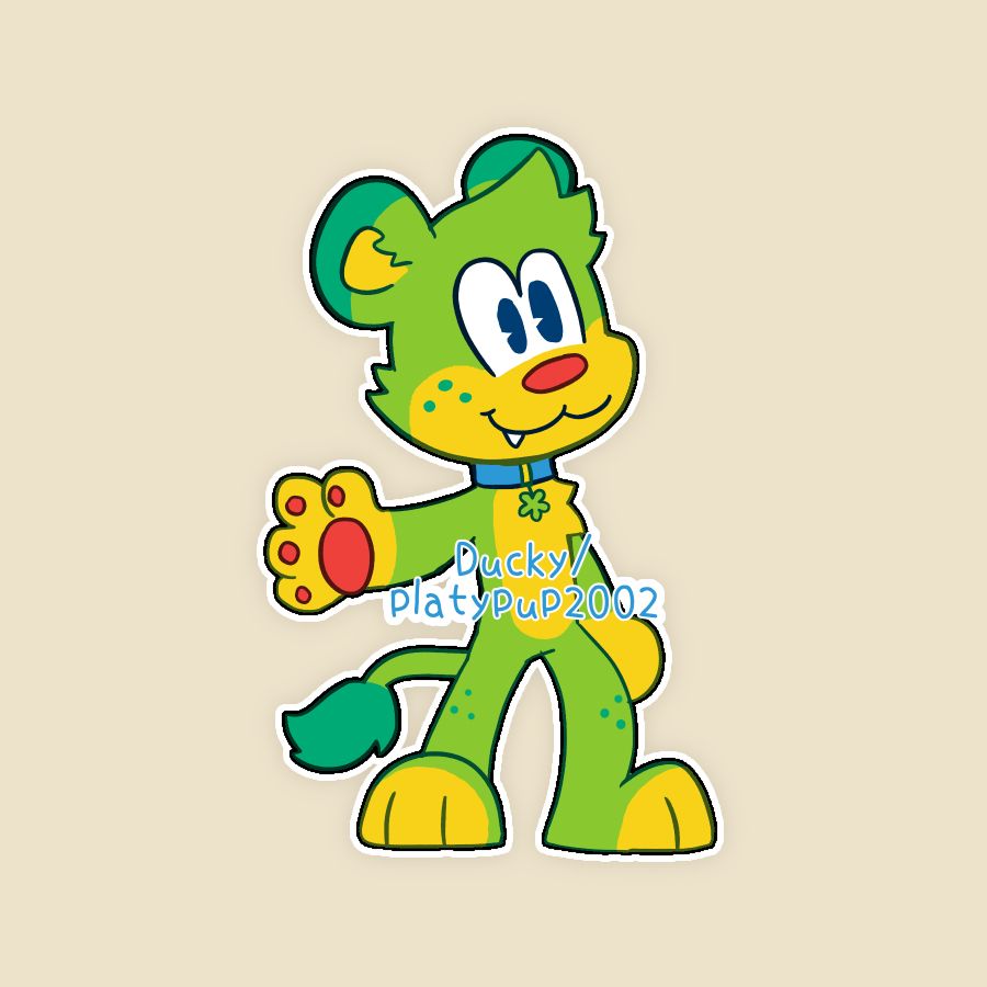 Anthropomorphic yellow and green lion cub inspired by the PBS Kids Sprout channel