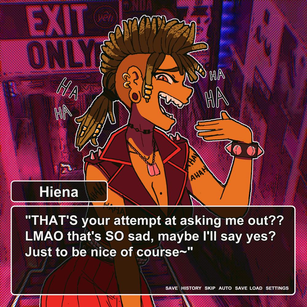 A visual novel scene of a punk rock girl laughing at the viewer's attempt at asking her out