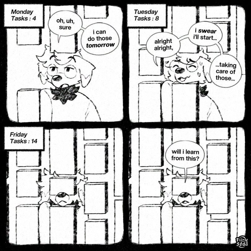 panel 1: the context box reads "Monday, Tasks : 4". Fizz, an anthropomorphic dog sona is standing in an undefined space, with 4 rectangular shapes around him. Fizz goes "oh, uh, sure, i can do those tomorrow"

panel 2: "Tuesday, Tasks : 8" The now 8 floating shapes are starting to squish the dog, while he's sweating and smiling nervously. "alright, alright, i swear i'll start...taking caring of those..."

panel 3: "Friday, Tasks : 14". Fizz is now completely surrounded by the shapes ; he is now stuck between them. Only his snout is visible.

panel 4: with a neutral expression on his face, he goes "will i learn from this?"