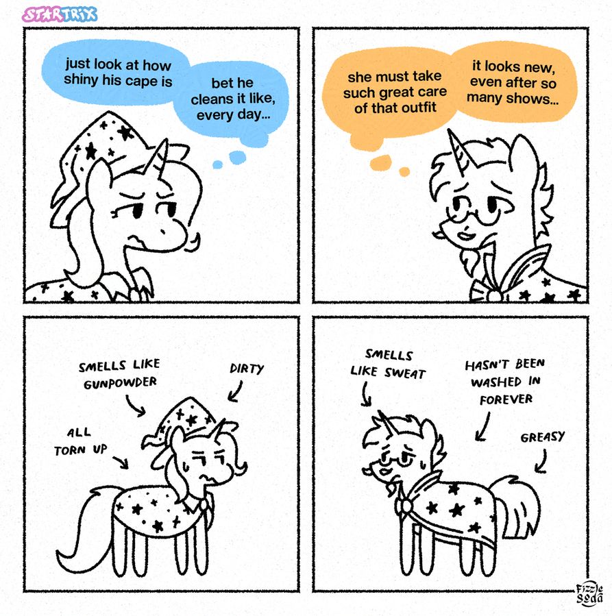 panel 1: trixie frowns, visibly anxious. she thinks "just look at how shiny his cape is. bet he cleans it like, every day..."
panel 2: sunburst, at a distance, looks right back at her, worried as well. he thinks "she must take great care of that outfit. it looks new, even after so many shows..."
panel 3: we see trixie in her full magician outfit, from afar, with words pointing towards it. "all torn up", "smells like gunpowder", "dirty"
panel 4: same thing for sunburst in his wizard robe, with the words "'smells like sweat", "hasn't been washed in forever", "greasy" pointing towards him.