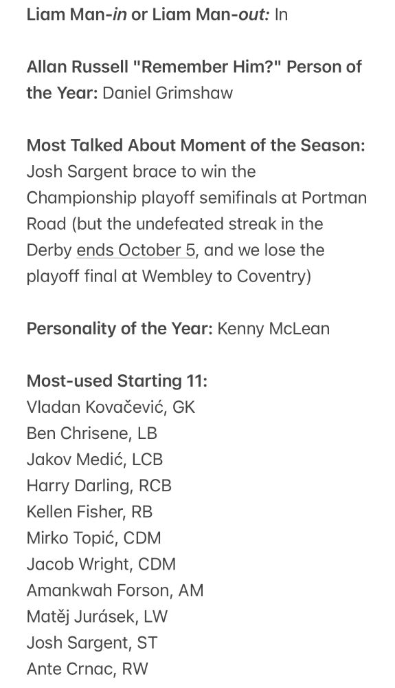 Liam Man-in or Liam Man-out: In

Allan Russell "Remember Him?" Person of the Year: Daniel Grimshaw

Most Talked About Moment of the Season: Josh Sargent brace to win the Championship playoff semifinals at Portman Road (but the undefeated streak in the Derby ends October 5, and we lose the playoff final at Wembley to Coventry)

Personality of the Year: Kenny McLean

Most-used Starting 11:
Vladan Kovačević, GK
Ben Chrisene, LB
Jakov Medić, LCB
Harry Darling, RCB
Kellen Fisher, RB
Mirko Topić, CDM
Jacob Wright, CDM
Amankwah Forson, AM
Matěj Jurásek, LW
Josh Sargent, ST
Ante Crnac, RW