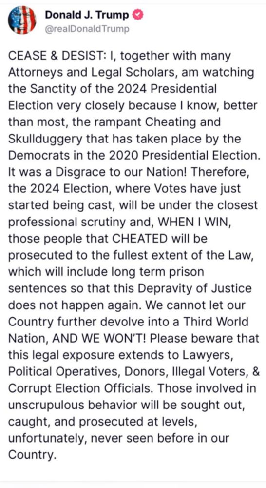 Must read: "Trump threatens lawyers, donors and election officials with prison for 'unscrupulous behavior'" (Why Is This Not Getting More Coverage?) #ELB