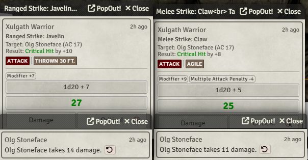 a foundry VTT screenshot of two natural 20 attack rolls and their damage against the same party member in pathfinder second edition