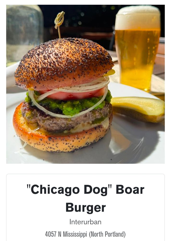 An image of the "Chicago Dog Boar Burger" from Interurban