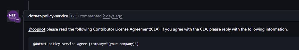 dotnet-policy-service asking copilot to sign an cla
