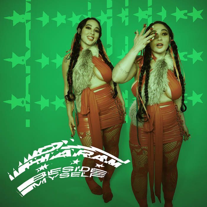 Beside Myself by DJ Haram album cover. A literal interpretation of the album's title, with two images of the artist placed next to each other against a green background. 