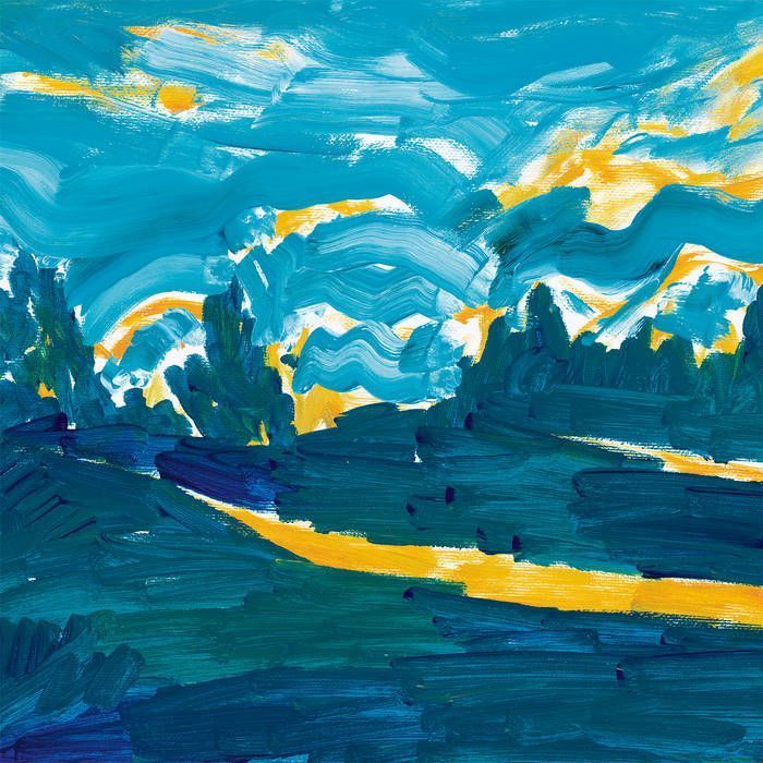 Khaled Kurbeh - Likulli Fadāin Eqāéh [To Each Space Its Own Rhythm] album cover. A 'naive' landscape painting in blue, white and yellow. 