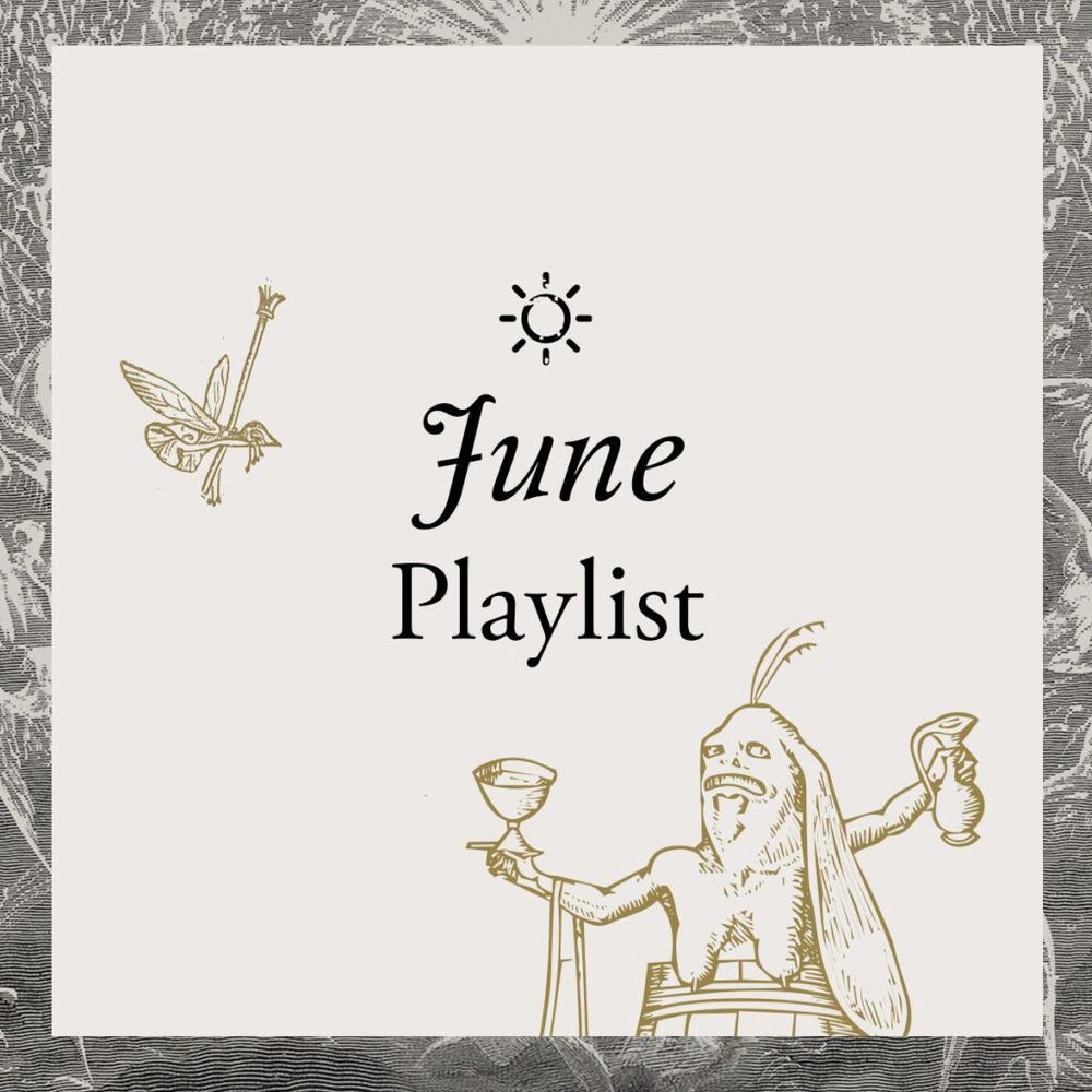 Quietus subscriber June Playlist graphic. A wizened, witchy figure holding aloft a cup in the bottom right hand corner and a winged insect flying in from the left. 