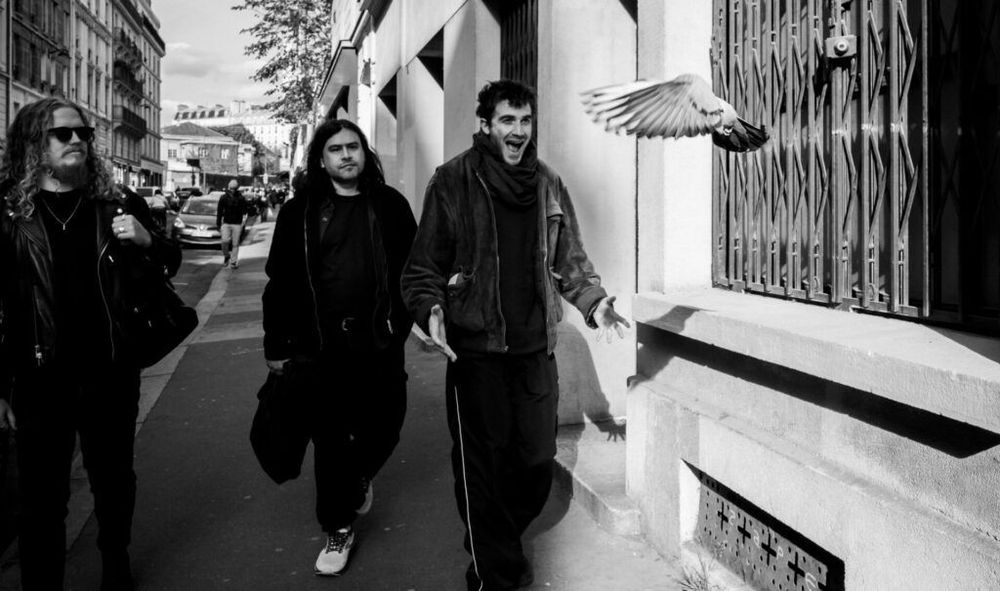 Photograph of Darkside (as a trio) walking on the street with a pigeon in flight, for their Quietus interview