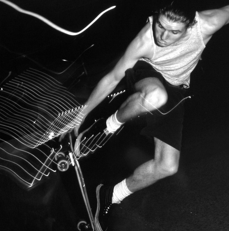 Douglas McCarthy of Nitzer Ebb skateboarding