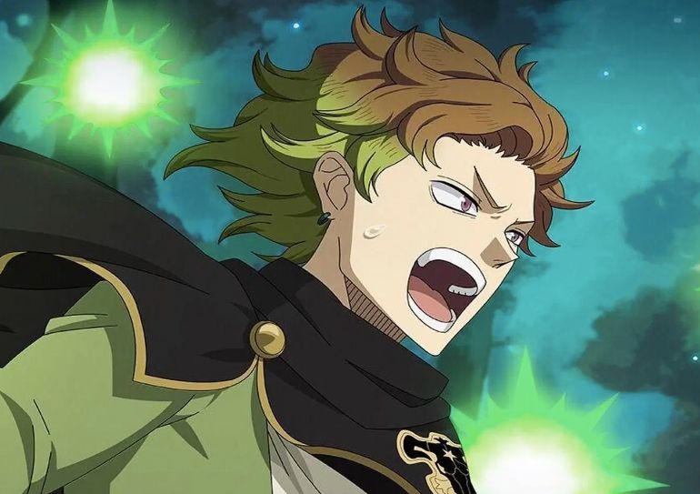 The character Finral from the anime Black Clover yelling in battle as he casts a spell