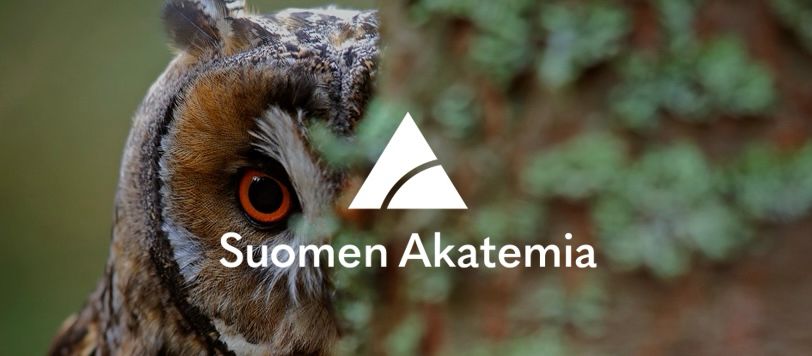 Pöllö katsoo puun takaa suoraan kameraan. Kuvan päällä Suomen Akatemian logo. 