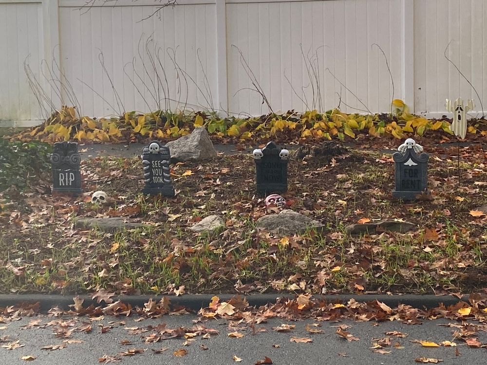 Halloween gravestones and skeleton decorations line a garden in front of a white fence