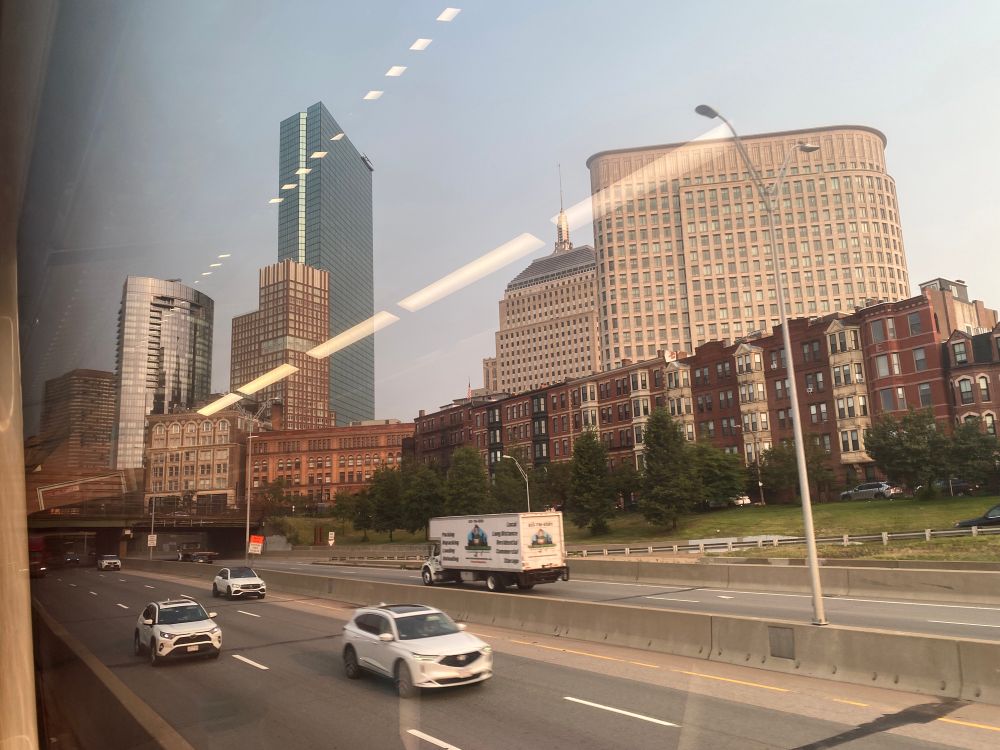A view of the Boston skyline from a commuter rail train