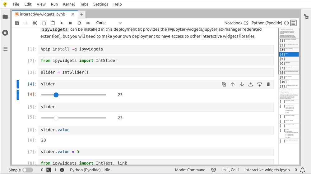 A notebook with the minimap opened in JupyterLite 0.5.0