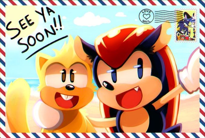 A postcard style painting of Mighty the Armadillo and Ray the Flying Squirrel from sonic. They are on the beach, both grinning at the viewer, and next to them is written "see ya soon". 