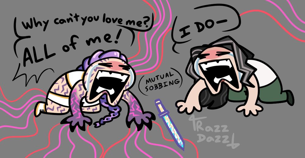 silly meme art of Rumi and Celine from k pop demon hunters sobbing while rumi yells "Why can't you love me?" and Celine says "I do" but Rumi interrupts yelling "All of me!" As the Honmoon warps around her.