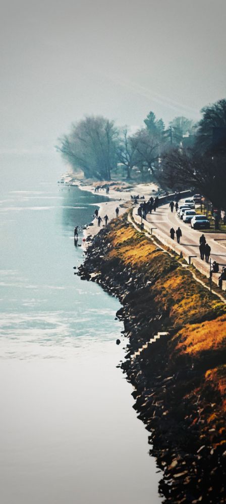 A photo of Donau in Linz with a foggy background