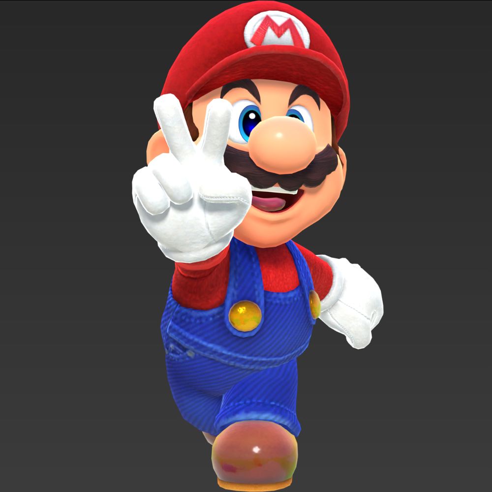 Mario's model rendered with his iconic victory pose from Super Mario 64, somewhat matching the silhouette of his model from that era.