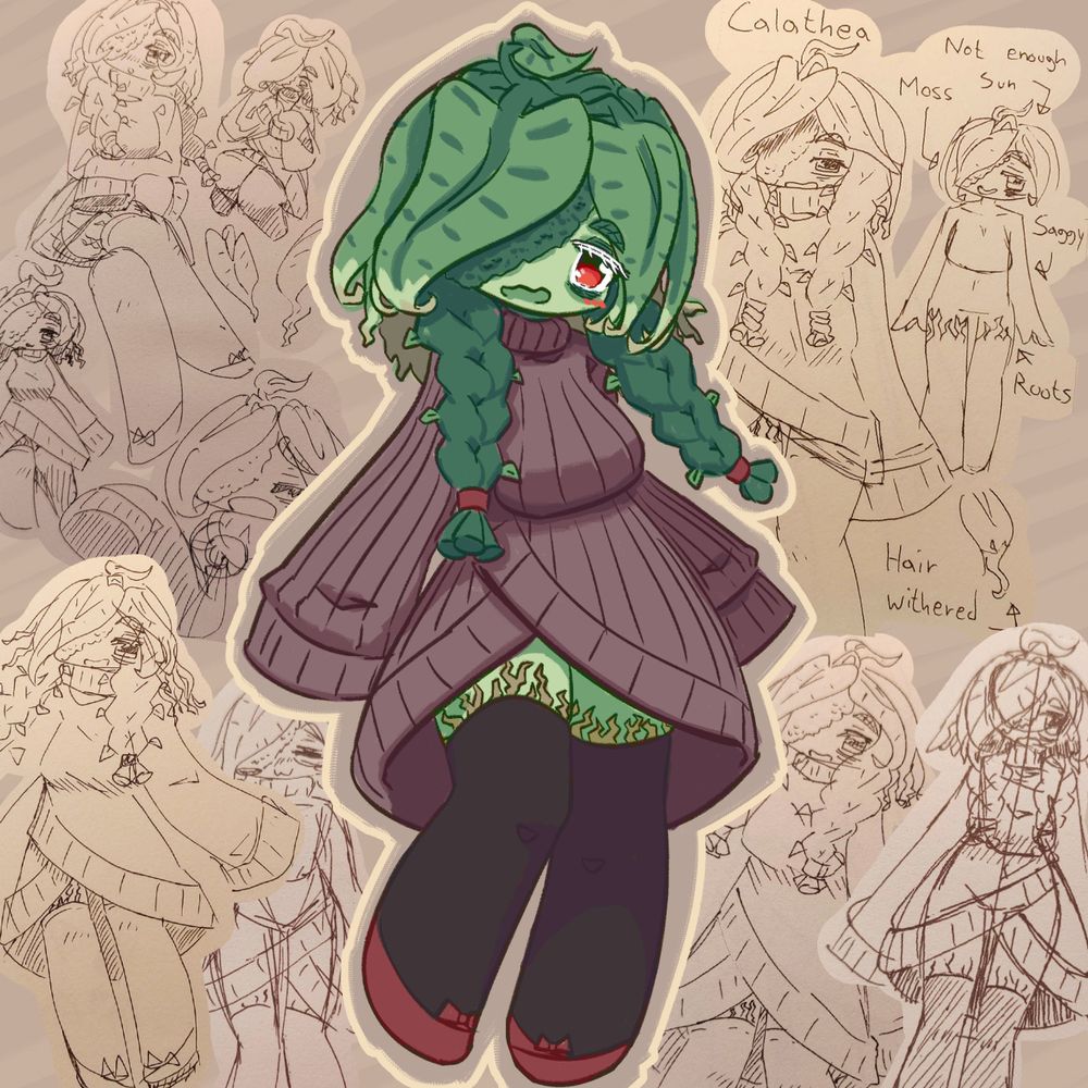 Calathea the plant girl. She has leaves and vines for hair; The vines done in frontal braids. She has eyebags and a shy demeanor. Her thighs have roots growing up them. She wears an oversized sweater and long socks, and her red shoes have small bows