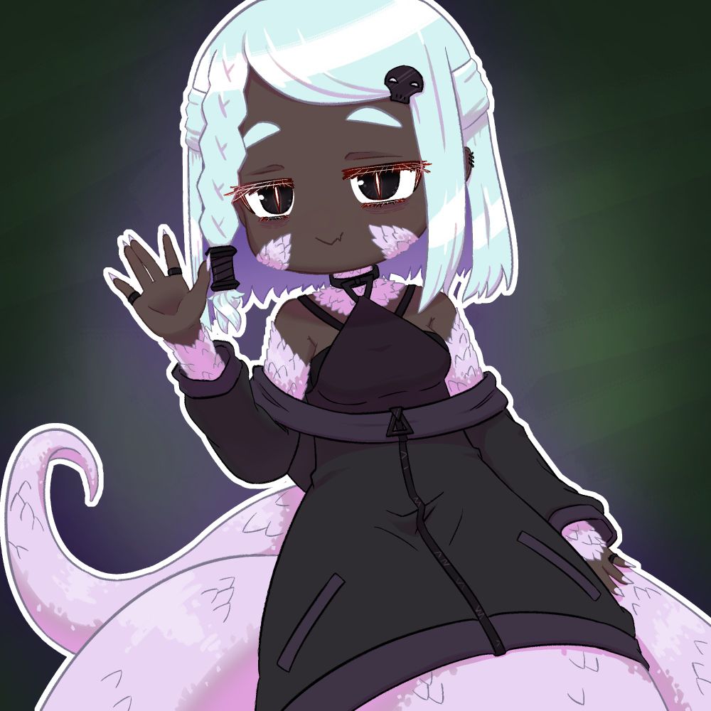 Nylvi the Lamia. She has bright mint-like hair and dark skin. She wears a tight fitting top and a hoodie that she doesn't cover her shoulders with. Pink scales adorn her body and she has a thick tail. She has a skull accessory in her hair and has a small tube accessory that her braid is secured with. Her eyes are droopy and she has eyebags, and her deep black pupils have vertical slits.
