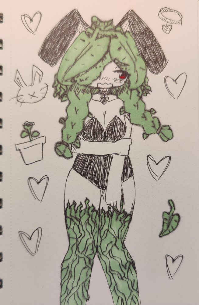 drawing of Calathea, the dryad. She's wearing a black bunny suit and looks embarrassed 