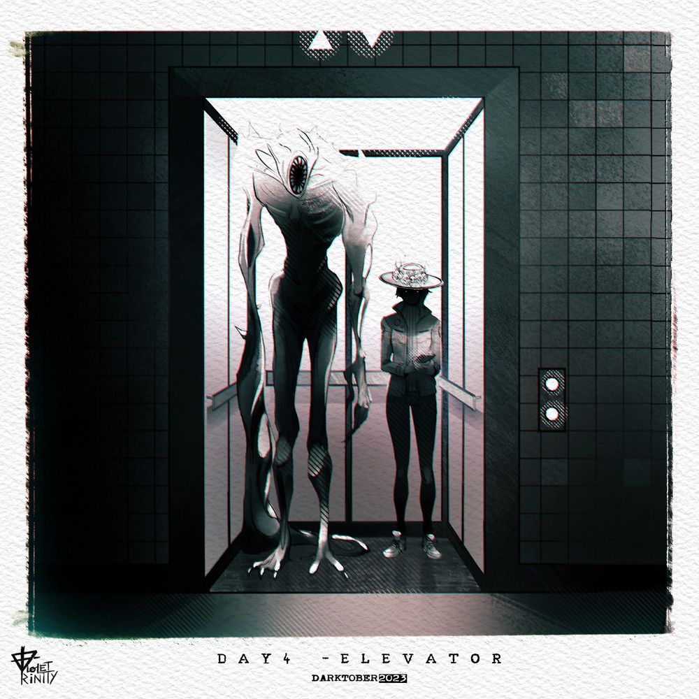 artowork show an elevator with a monster and a my persona