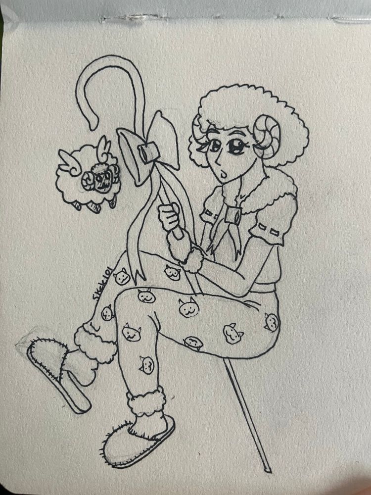 A girl with curly hair and ram horns holds onto a Shepard’s cane and looks surprised. She wears her pyjama pants and slippers while also wearing a sailor uniform shirt. The bows on the sailor uniform and cane have pillows in the center. Her gloves, collar and pants have fluffy fleece around the ends. Beside her a tiny winged ram flies confidently. 