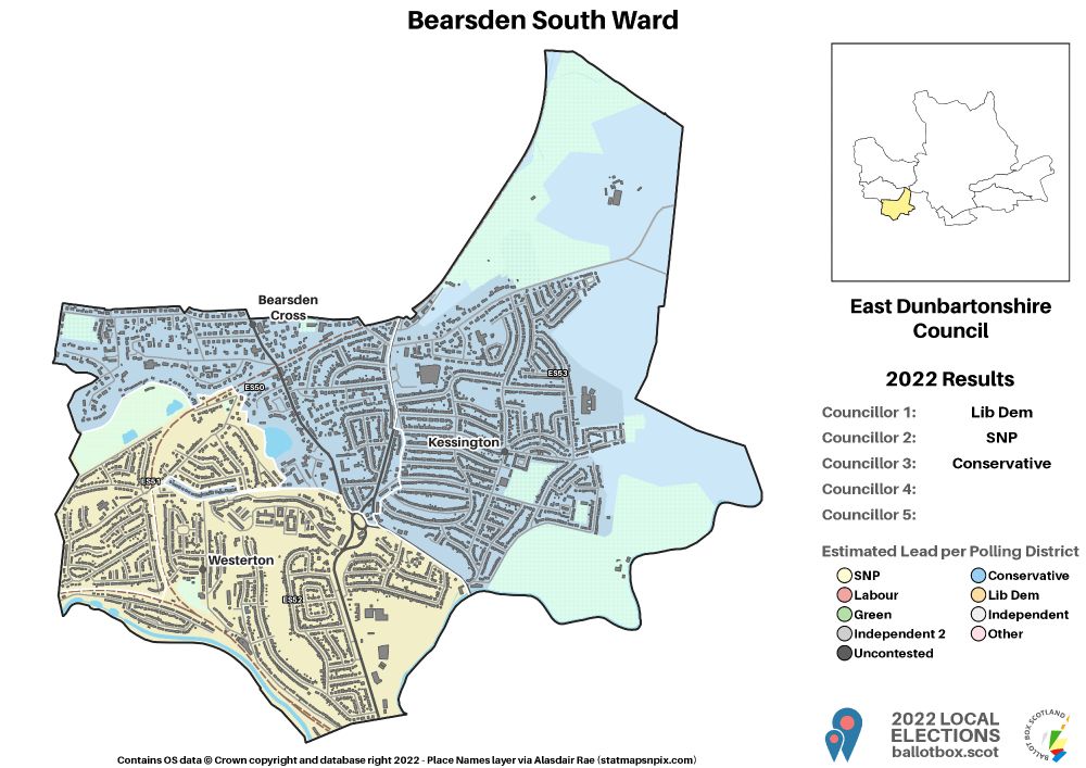 Map of the ward with polling districts coloured by lead party in 2022. SNP led in districts covering Westerton, Conservatives led in districts covering Kessington and the south of Bearsden Cross.