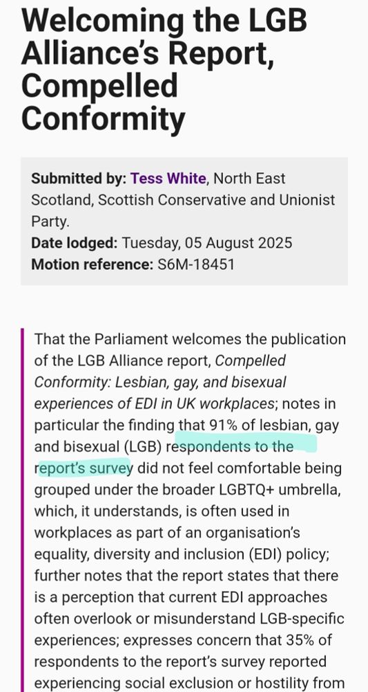 A motion by Conservative MSP Tess White heaping praise on a bullshit report by the misleadingly named "LGB Alliance" which claims to find, amongst other things, that LGB people don't like being included with trans people.
