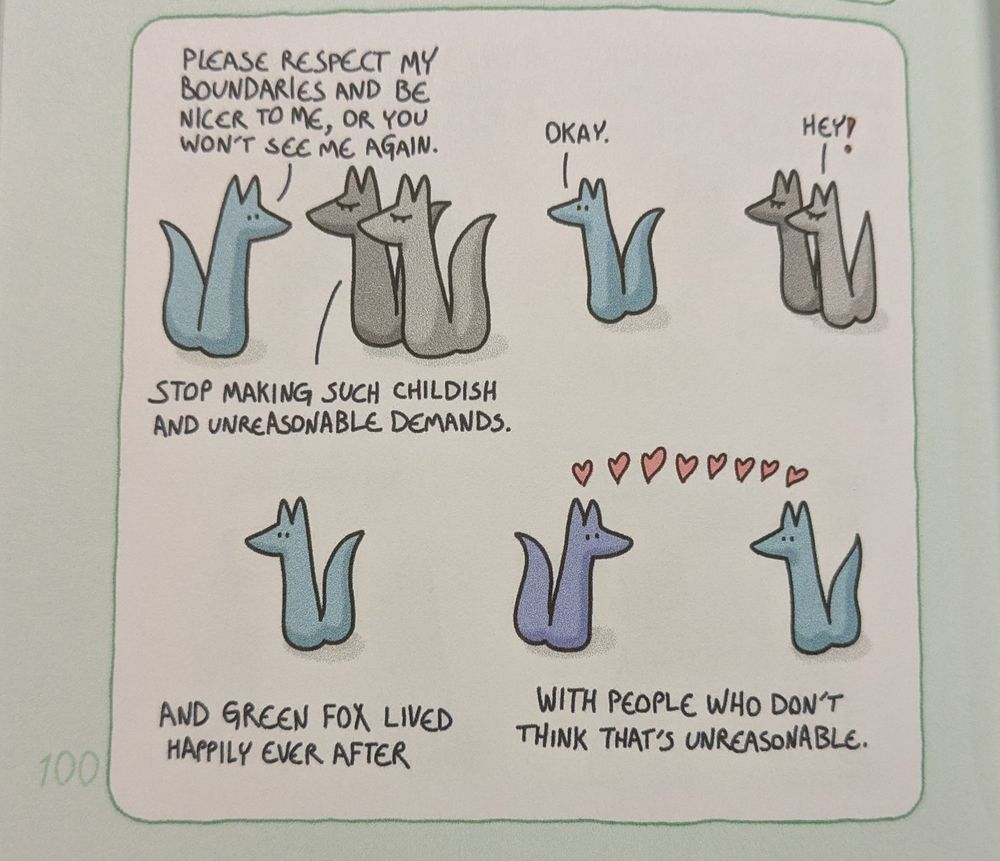 A four-panel comic starring a stylized green fox.

Green fox, talking to two beige foxes: Please respect my boundaries and be nicer to me, or you won't see me again.

Beige foxes: Stop making such childish and unreasonable demands.

Green fox (walking away): Okay

Beige foxes (upset): Hey!

Green fox (looks about)

Narrator: And green fox lived happily ever after. 

Green and Blue foxes looking admiringly at each other (connected by hearts)

Narrator: With people who don't think that's unreasonable.
