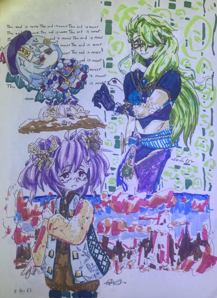 Text: The End Is Never The End Is Never The End