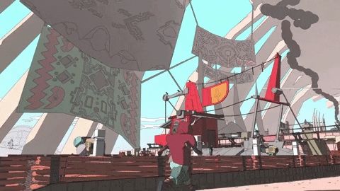 Sable game character running through a settlement.