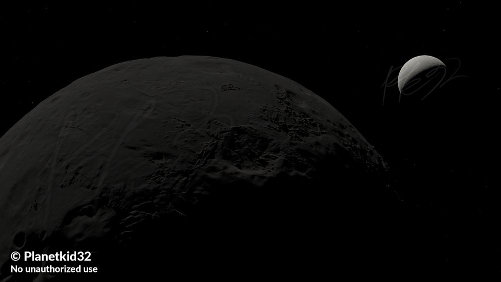 A rendering of the dwarf planet Eris, as seen from its moon Dysnomia.

Textures: Planetkid32 (me), cubicApocalypse, Susan Wilkinson, NASA
Rendered in Cinema 4D R16

© 2025 Planetkid32