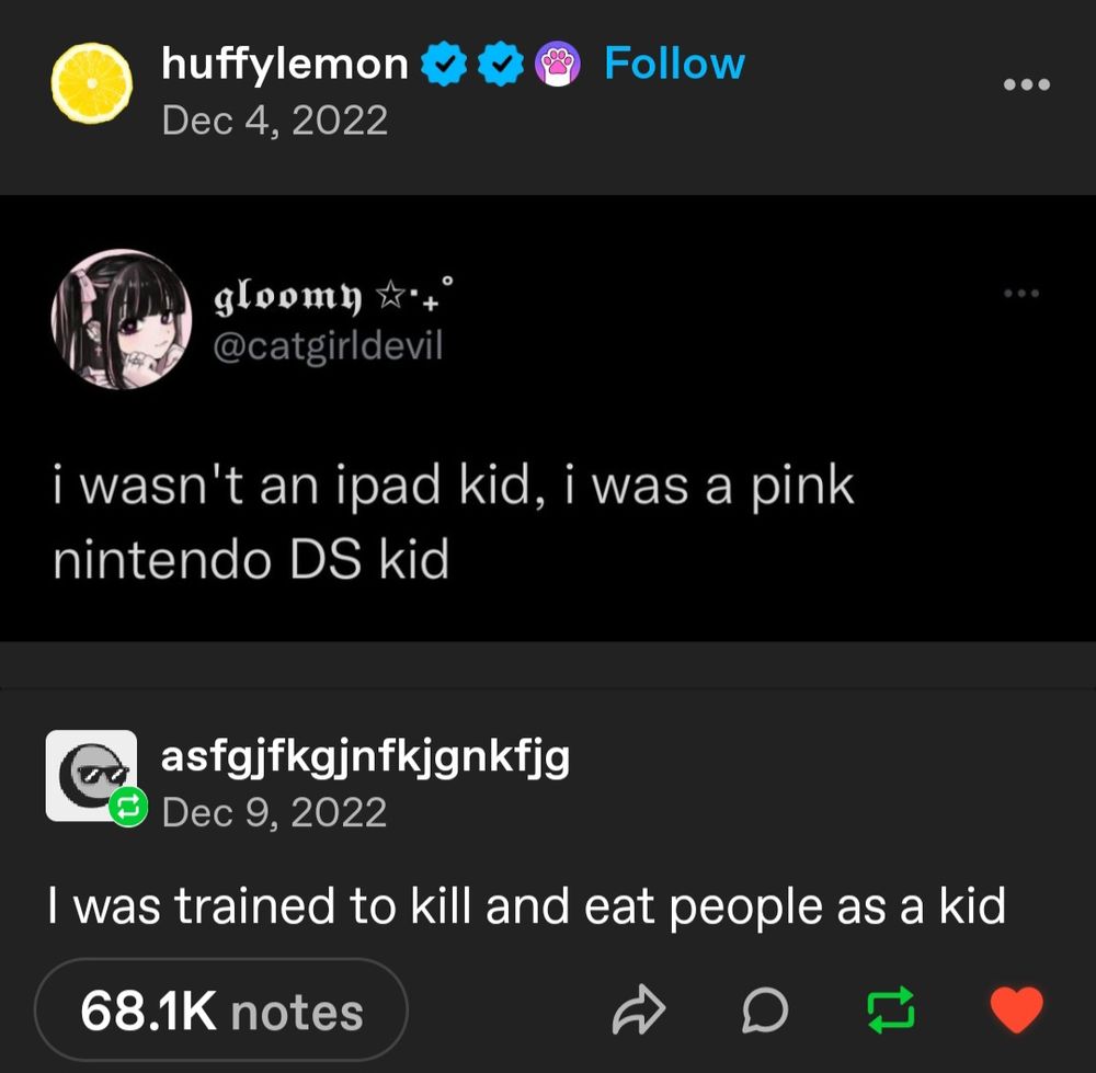 A screenshot from Tumblr where user huffylemon posts a screenshot from Twitter from user catgirldevil where they tweet "I wasn't an ipad kid, I was a pink nintendo DS kid". Responding to the post is another user with keyboard smashing in their name, saying "I was trained to kill and eat people as a kid"