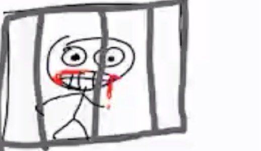 A crude doodle of a stickman in jail gripping the metal bars as it stares viciously with blood dripping from its mouth