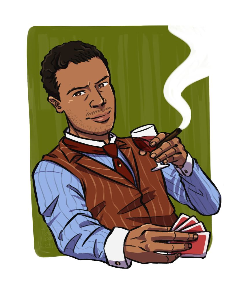 Human Louis du Pointe du Lac with some playing cards in one hand and a glass of wine and a lighted cigar in the other