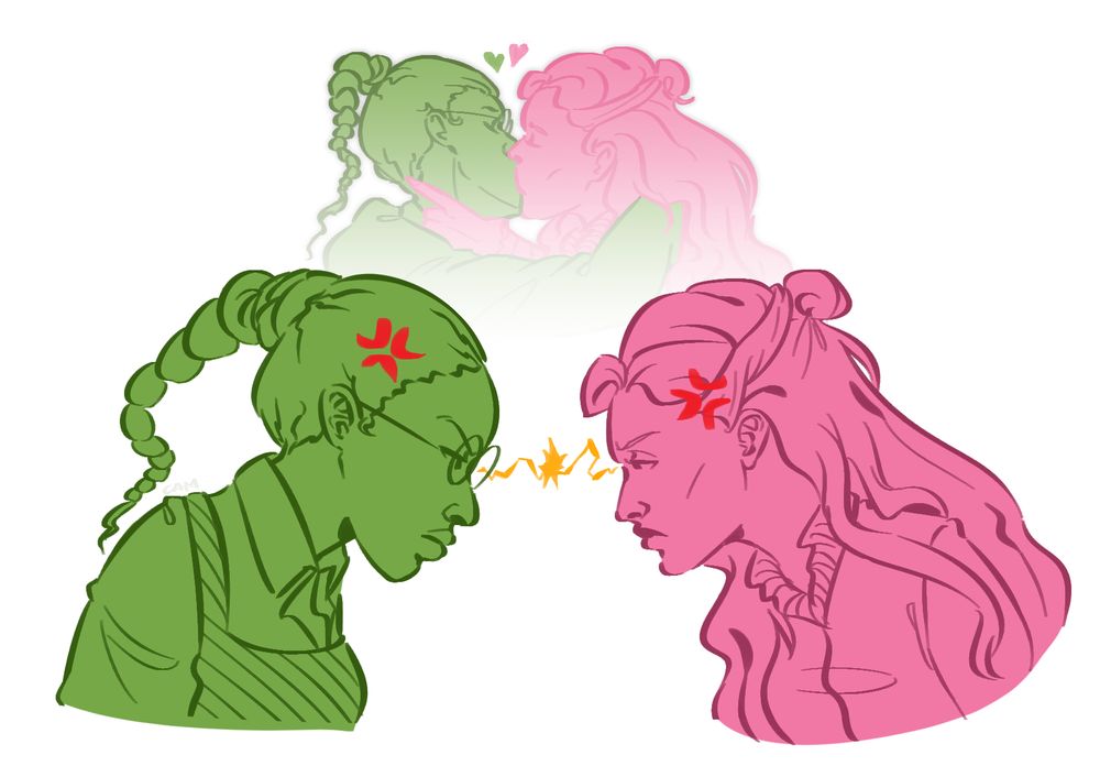 Elphaba and Glinda are glaring at each other with an electric spark between them, but above them is an image of them passionately kissing with little green and pink hearts hovering.