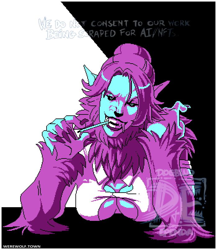 A werewolf librarian in ripped clothes leans over a desk to gaze hungrily at the viewer (better run).